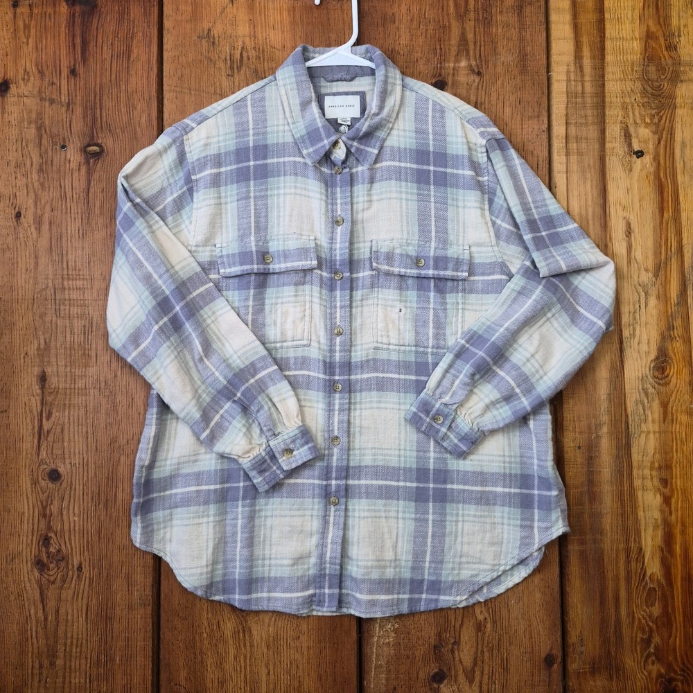 American Eagle Ahh-Mazingly Soft Plaid Flannel Button Down Shirt Blue Purple S
